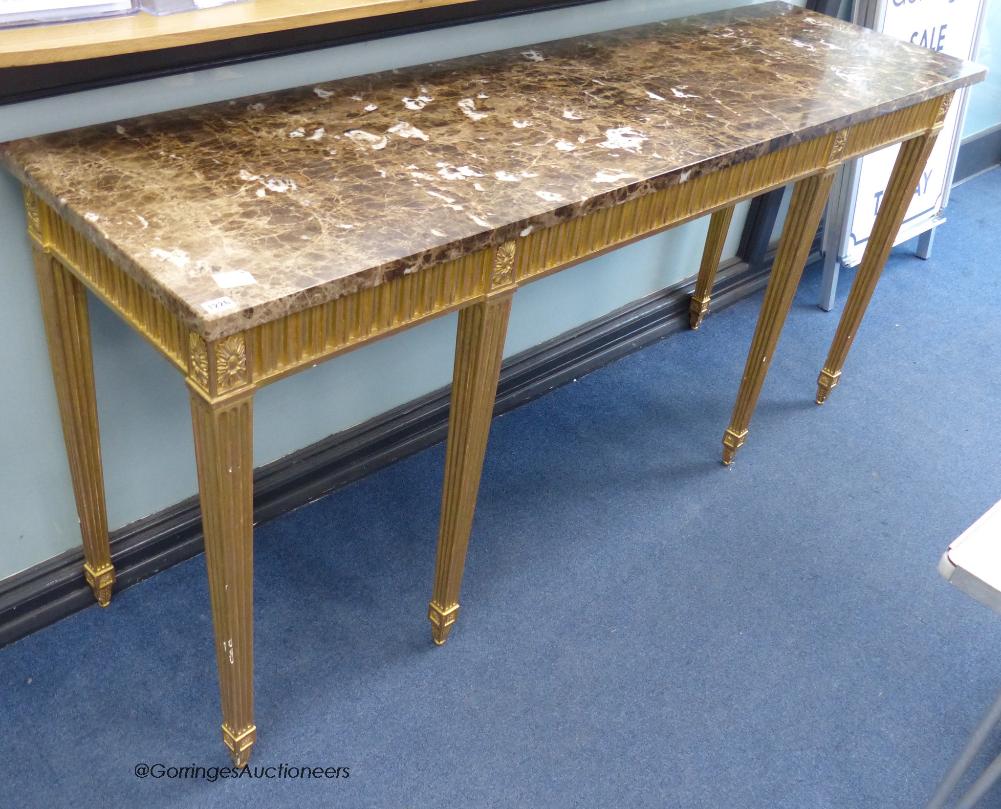 An Adam style giltwood marble topped console table, length 187cm, depth 54cm, height 90cm